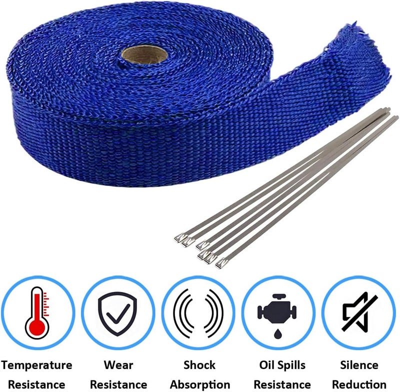 LKRXW Blue Exhaust Heat Wrap 1" x 32 Feet Motorcycle Exhaust Header Pipe Wrap Fiberglass Heat Shield Tape Car Manifold Insulation Thermal Protection with 6pcs Stainless Ties - Image 4